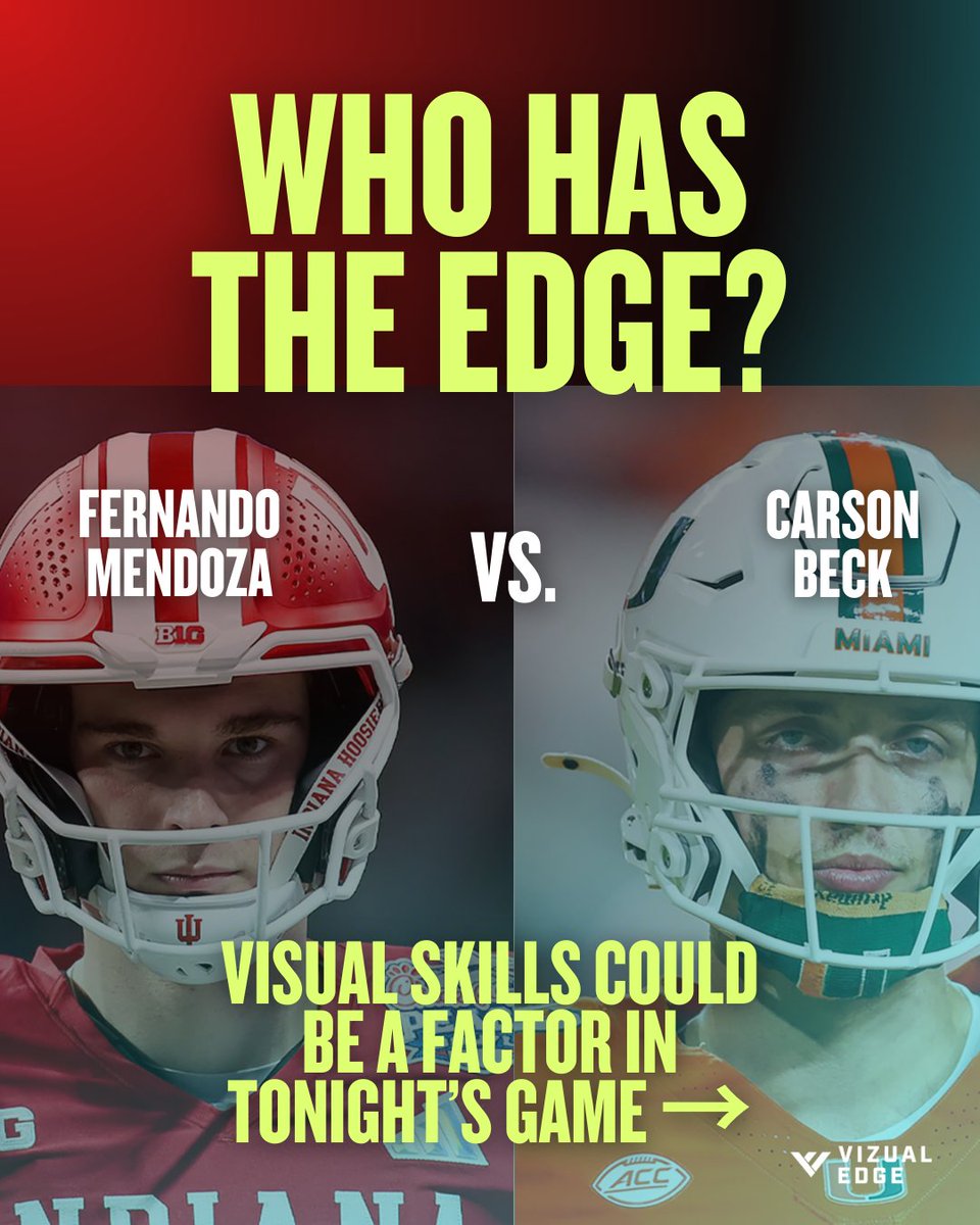 VizualEdge's tweet image. All eyes on Fernando Mendoza vs Carson Beck and how visual skills like processing speed, eye discipline, and reaction time could shape tonight’s outcome. Vizual Edge helps QBs process faster, react quicker, and stay locked in. vizualedge.com/football.

#QB #Quarterback #Football