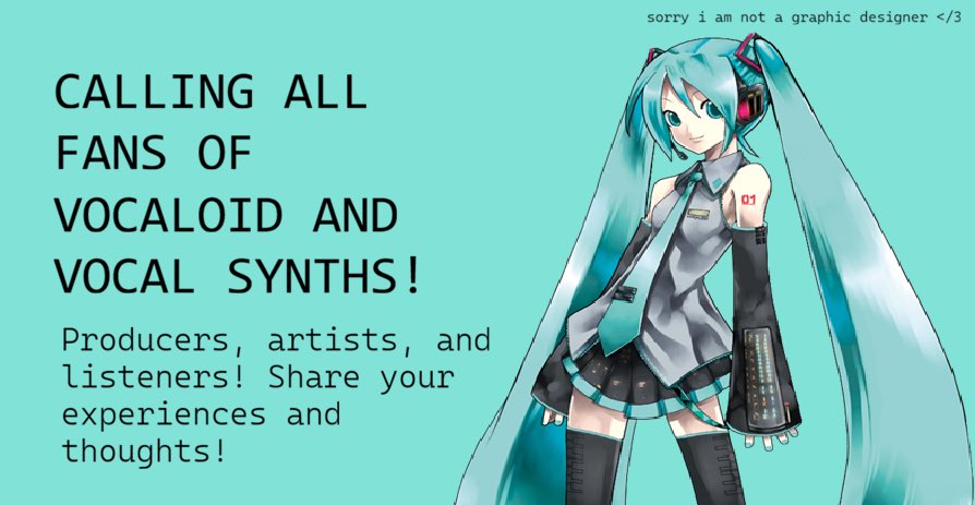 meltcampaign's tweet photo. 📌

If you're interested in being interviewed for a research project, please reach out! I'm interested in ALL members of the English Vocaloid/Voice Synth fandom!!! Producers, Artists, or Listeners! No matter what you do, I'd love to hear from you!

(More Info in Thread) https://t.co/W8Fts4JtEh