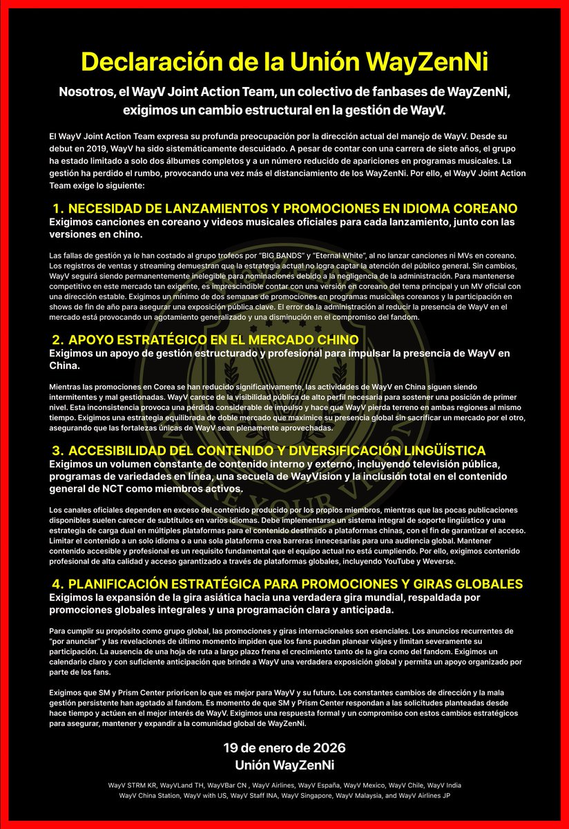 WayV_Sp's tweet image. Nosotros, la Unión WayZenNi, exigimos que SM y Prism Center prioricen los mejores intereses y el futuro de WayV.

@SMTOWNGLOBAL
@WayV_official
@NCTsmtown

#SMTreatWayVBetter
#에스엠WayV활동보장해 
#请合理规划艺人发展