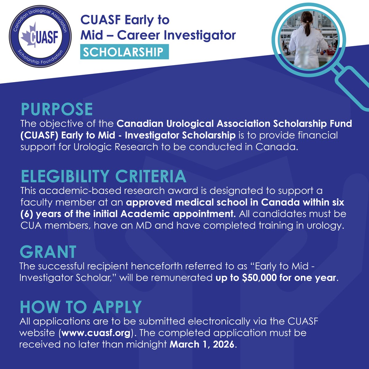 CanUrolAssoc's tweet photo. The Canadian Urological Association Scholarship Fund (#CUASF) Early to Mid - Investigator Scholarship provides financial support for Urologic Research conducted in 🇨🇦, click here to apply today: https://t.co/OBhbwylZzd https://t.co/9z18FIhzeC