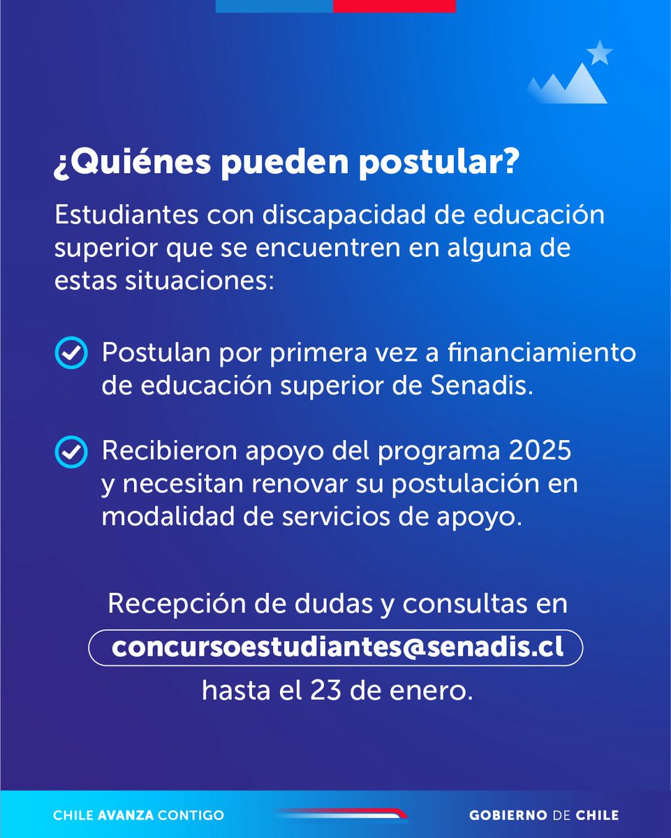 🟢 ¡Atención estudiantes! 
Este martes 20 de enero inicia el proceso de postulación a la Beca del Programa dede apoyos para estudiantes con discapacidad de educación superior. 

✅ Revisa las bases en senadis.cl