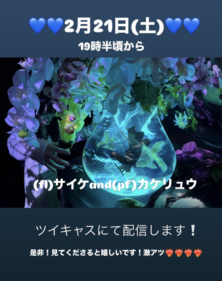 お久しぶりですみません！
配信告知ですー！！！

2月21日（土）19時半ごろ

カケリュウが東京から帰ってきてくれてDUOライブします💙🤍💙❤️‍🩹🤍

見てくださると嬉しいです！今年初のリーダーライブっ！！！燃えます💙💙💙