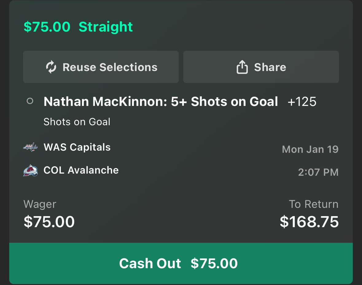 BabarBets's tweet photo. MacKinnon in a day game! Sign me up. Taking over 4.5 shots for 0.75 units!

#GamblingX #nhlpicks #sportsbettingpicks #nhl https://t.co/vBoxLnmATq