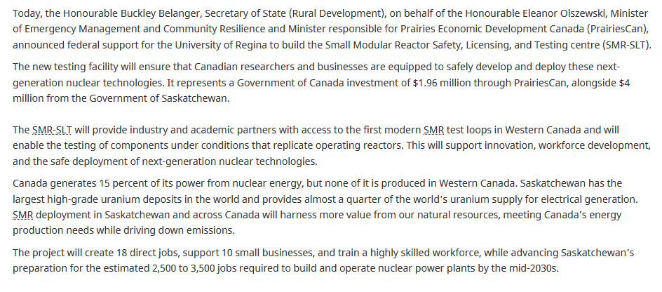 quakes99's tweet image. "#Saskatchewan has the largest high-grade #uranium deposits in the world and provides almost a quarter of the world's uranium supply for electrical generation. #SMR deployment in Saskatchewan and across #Canada will harness more value from our natural resources, meeting Canada’s