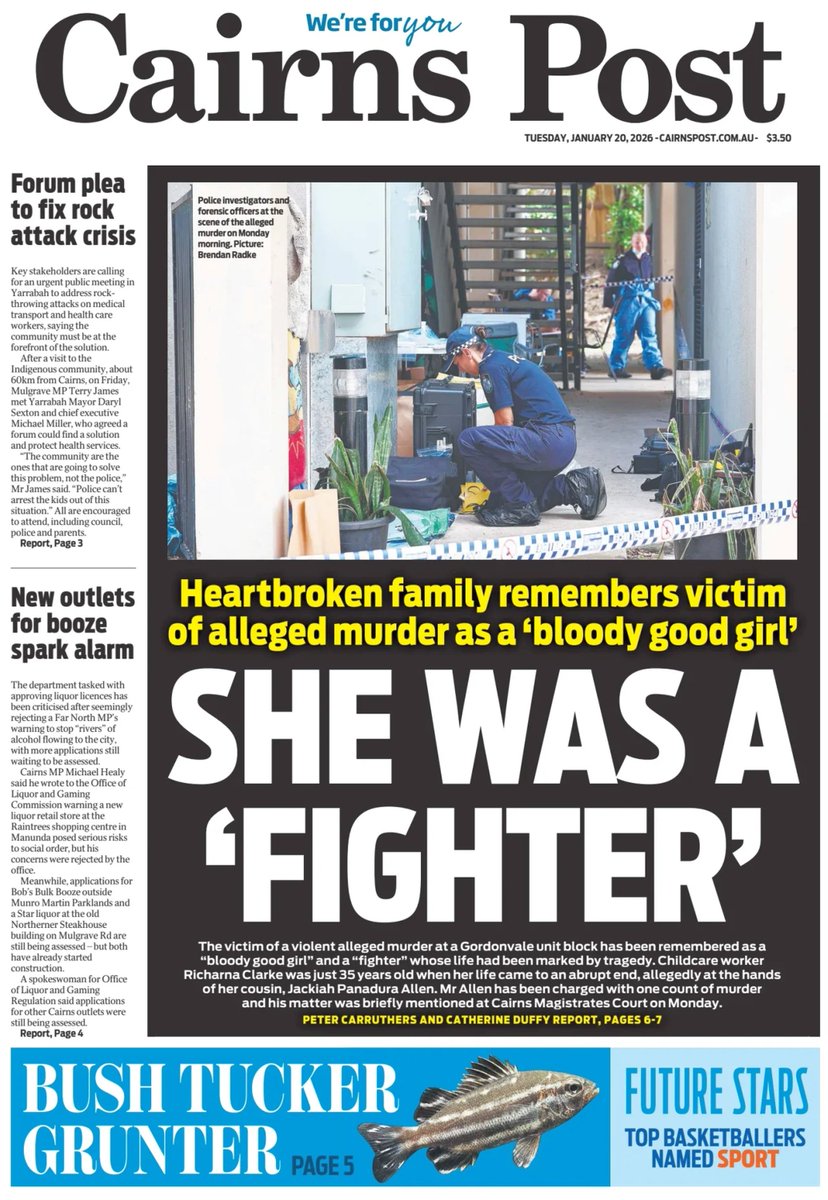 ukpapers's tweet photo. ▫ She Was A 'Fighter'

▫The man police allege is responsible for the death of a young woman at a Queensland unit complex on Sunday has been identified and will front court this morning
▫@petercarruther1 &amp; Catherine Duffy

@TheCairnsPost #frontpagestoday #Australia 🇦🇺 https://t.co/XOtf7NROfJ