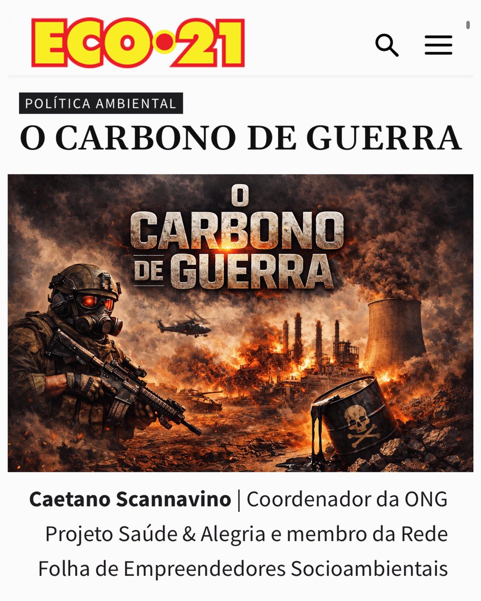 #Repost via <a href="/eco21/">eco21</a> - “O CARBONO DE GUERRA - Isentas de reporte, as atividades militares não entram na conta de carbono, mas se fossem um país, seria o quarto emissor global de CO2”
—-
Aqui: eco21.eco.br/politica-ambie…