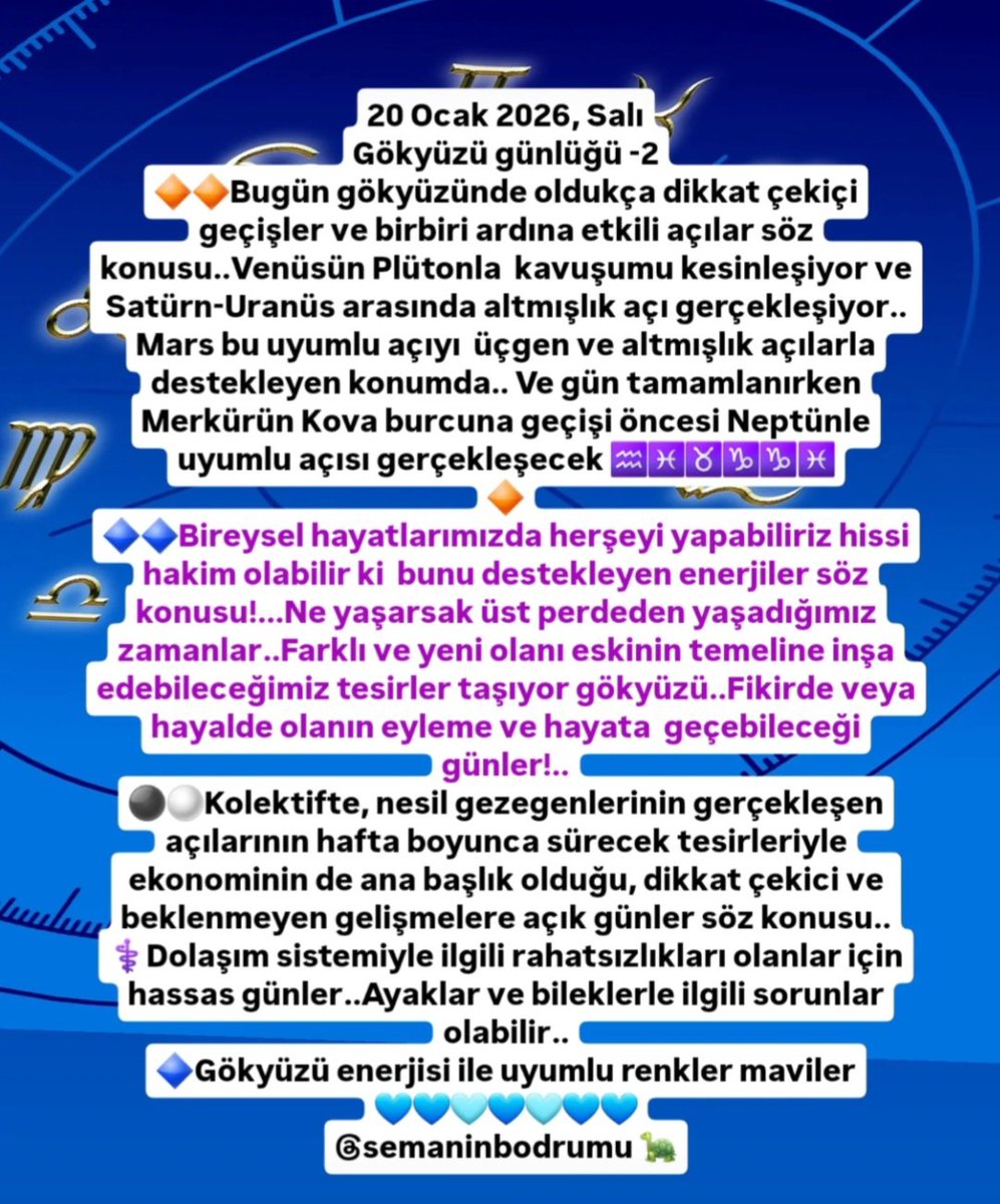 astrolojisay's tweet photo. 20 Ocak 2026, Gökyüzü günlüğü-2
Astroloji-S #Astroloji #Güneş #Ay #Satürn #Neptün #Plüton #Merkür #Venüs #Mars #Jüpiter #Kiron #Yeniay #Dolunay #yeniyil2026 https://t.co/J7fgjgcY6D