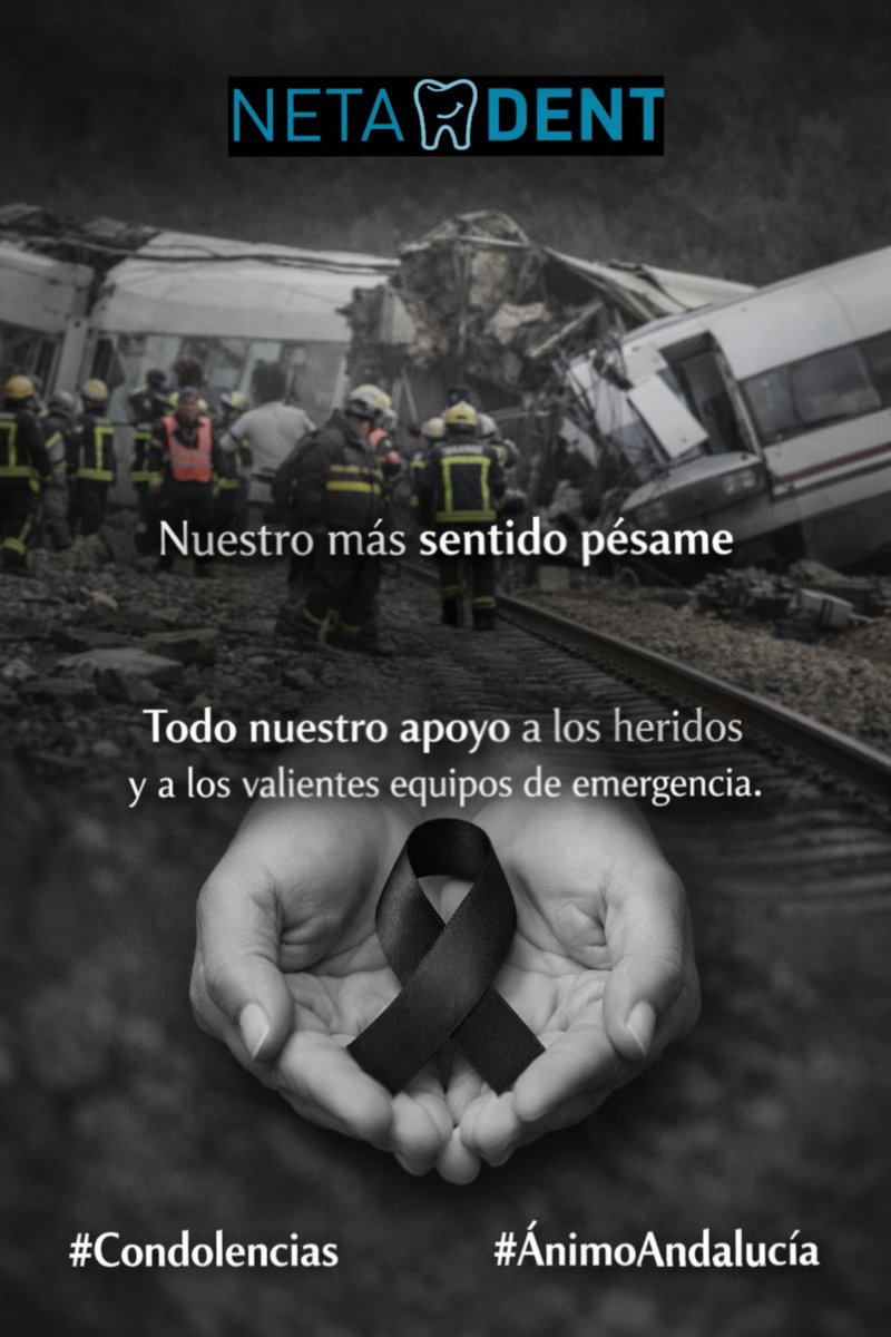 Netadent's tweet photo. 🖤 Desde NETADENT queremos expresar nuestro más profundo pésame a las familias de las víctimas del trágico accidente de tren en Andalucía.
Nuestro apoyo y ánimo a las personas heridas y a todos los equipos de emergencia.
#Condolencias #ÁnimoAndalucía https://t.co/apZiLxjpQo
