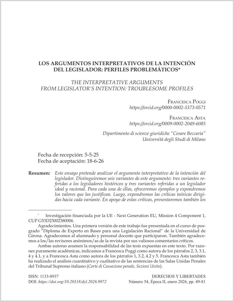 DeryLib's tweet image. 📘 #RevistaDerechosyLibertades Nº 54 (2026) @idhbc_uc3m @uc3m @dykinsonlibros

📣 Hoy en la sección #Artículos ✍🏼 “Los argumentos interpretativos de la intención del legislador” de #FrancescaPoggi y #FrancescaAsta

⬇️ ¡Léelo aquí! ⬇️ #OpenAccess
🔗 doi.org/10.20318/dyl.2…