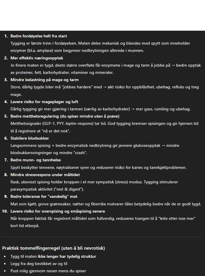 DebetSjef's tweet image. Tygger du maten din skikkelig?
Her har du 10 gode grunner til å gjøre det!
Og, til å ha et råvarebasert tyggbart kosthold.
100% gratis helsetips med litt hjelp fra CGPT.
Ingen behov for duppedittogdatt💸
Bare tygg maten din i fred og ro - nyyyt🧘‍♂️
#Helse #Kosthold