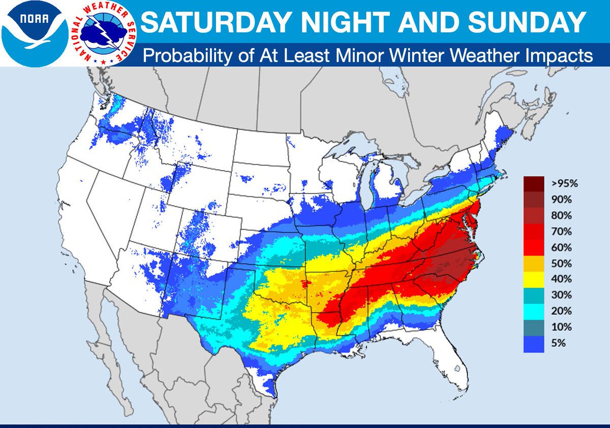NWS's tweet image. There are increasing chances for snow and ice from the southern Plains to the Mid-Atlantic late this week and into the weekend. There is still plenty of uncertainty in the forecast, which will evolve in the coming days, so stay up to date on the latest at weather.gov.