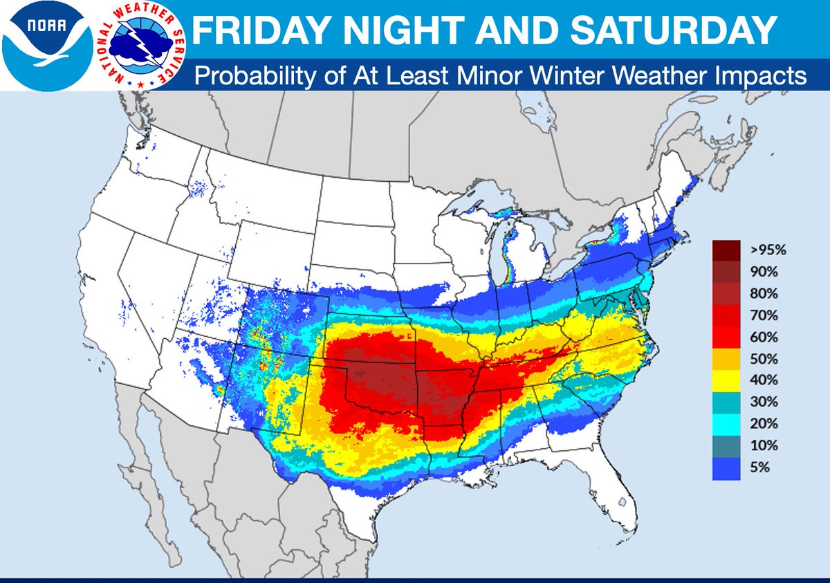 NWS's tweet image. There are increasing chances for snow and ice from the southern Plains to the Mid-Atlantic late this week and into the weekend. There is still plenty of uncertainty in the forecast, which will evolve in the coming days, so stay up to date on the latest at weather.gov.