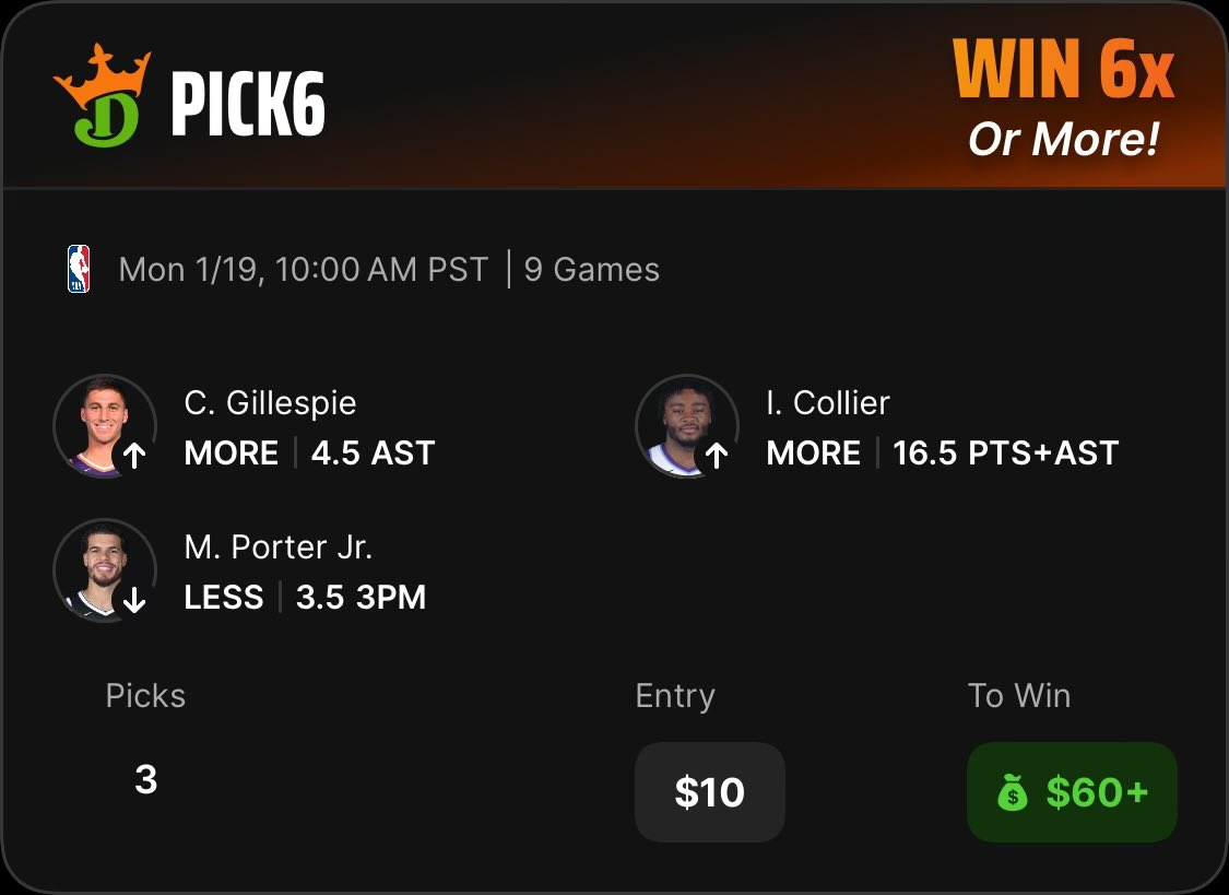 BetWithKidKati's tweet photo. DKPick6 NBA Slip!

All plays found on @UpsideTools 

Good luck if tailing 🫡

Check out my DraftKings Pick6 Entry! https://t.co/BPEFyMnRLi https://t.co/e5dqfZOveM