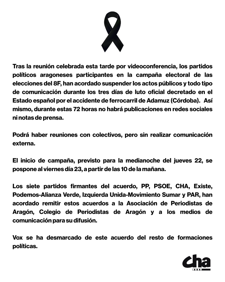 CHA suspende la precampaña durante las próximas 72 horas.