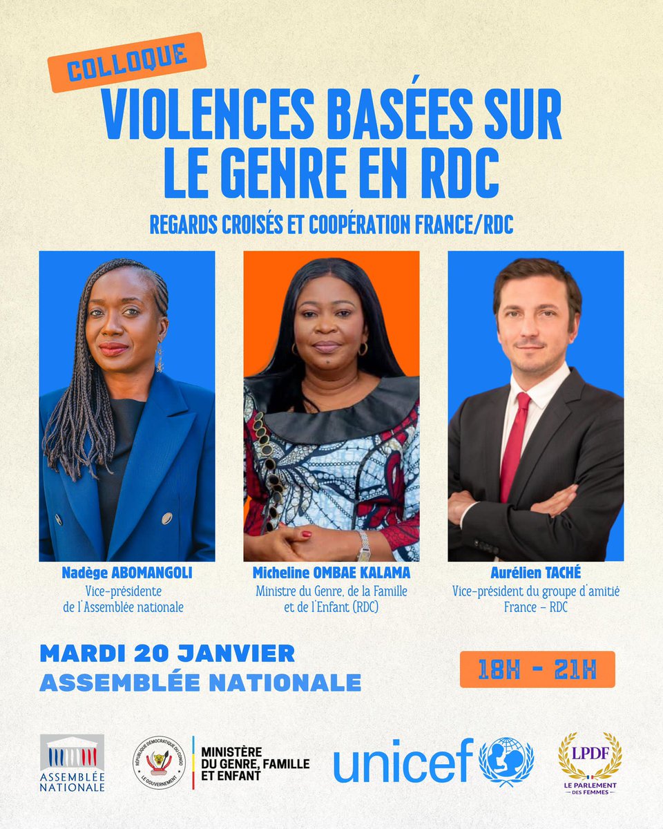 ÉVÉNEMENT : Colloque accès libre.
Thème : "Violences Basées sur le Genre en RDC : Regards croisés et coopération France RDC".

Intervenants d'honneur :
Nadège <a href="/abomangoli/">Nadège Abomangoli 🐢</a> : Vice-présidente de l’Ass nationale.
 <a href="/MichelineOMbae/">Micheline OMBAE</a> KALAMA : Ministre du Genre, Famille et Enfant
Aurélien