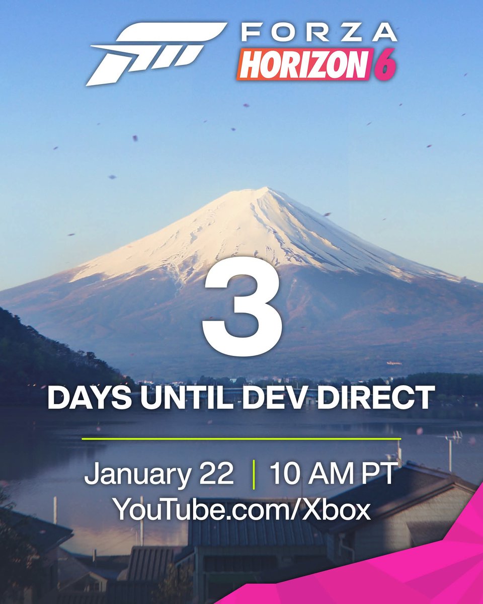 ForzaHorizon5UK's tweet photo. Do you want to be one of the first to know about Forza Horizon 6!?
Tune in to Developer Direct on Thursday 22nd January - https://t.co/e1e0oesXGj
Mark your calendars, Japan is waiting!! 🇯🇵
18:00 GMT
10:00 PST
#DevDirect #DevDirect2026 #FH6 #FH6Japan #ForzaJapan #ForzaHorizon6