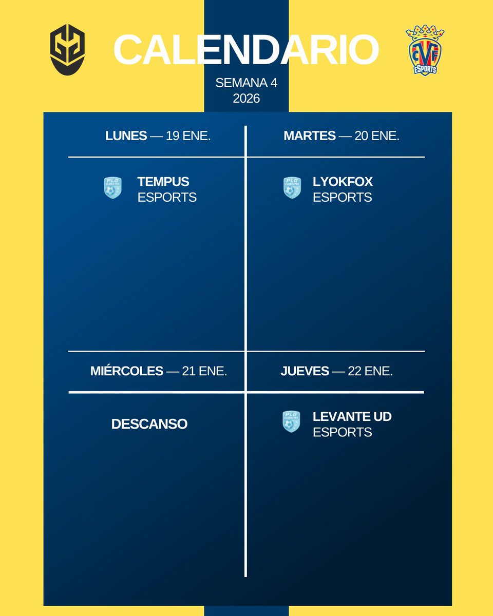 CVFeSports's tweet image. 🗓️ ¡Calendario de la Semana de #ClubesPro! ✨

¡Con ganas de seguir creciendo! 💛

#EndavantGamers #EAFC26