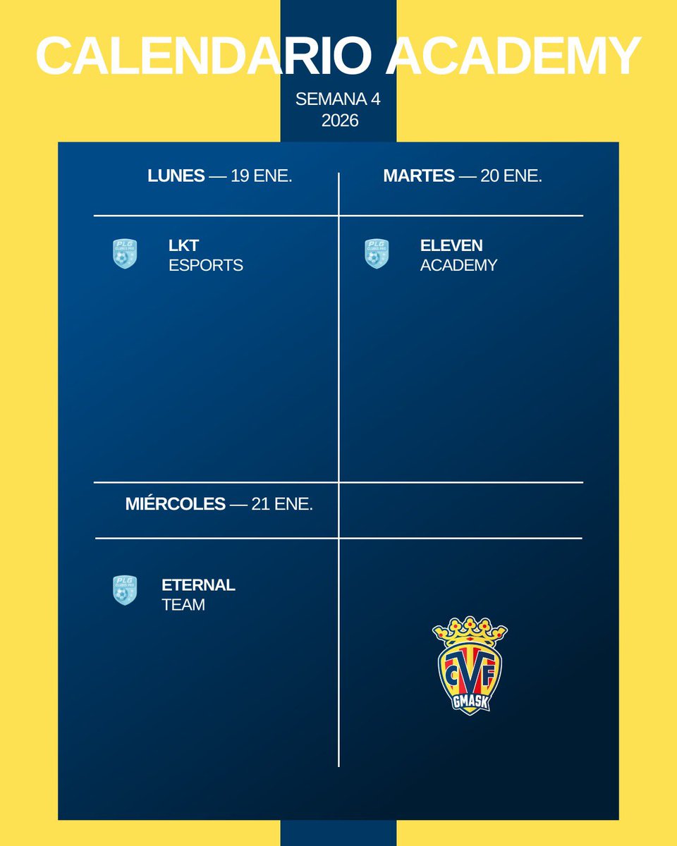 CVFeSports's tweet image. 🗓️ ¡Calendario de la Semana de #ClubesPro! ✨

¡Con ganas de seguir creciendo! 💛

#EndavantGamers #EAFC26