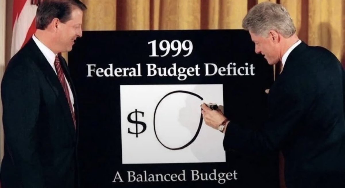 historyinmemes's tweet photo. Bill Clinton sketches a large zero on a sign as he and Al Gore present the balanced federal budget at the White House on February 2, 1999.

That fiscal year, the federal budget deficit was essentially zero, posting a small surplus of about $0.2 billion—the first balanced budget the U.S. had seen in decades. Today, the situation is vastly different, with annual deficits around $1.83 trillion in fiscal year 2024 and an estimated $1.8 trillion in fiscal year 2025.

In The Matrix, 1999 was famously labeled “the peak of human civilization,” a line that seemed exaggerated at the time. Yet, looking back over the past 25 years—marked by rapid technological change, climate pressures, AI, and global instability—that idea feels less far-fetched. What once felt ordinary now appears, in hindsight, like a high-water mark before sweeping transformations reshaped the world.