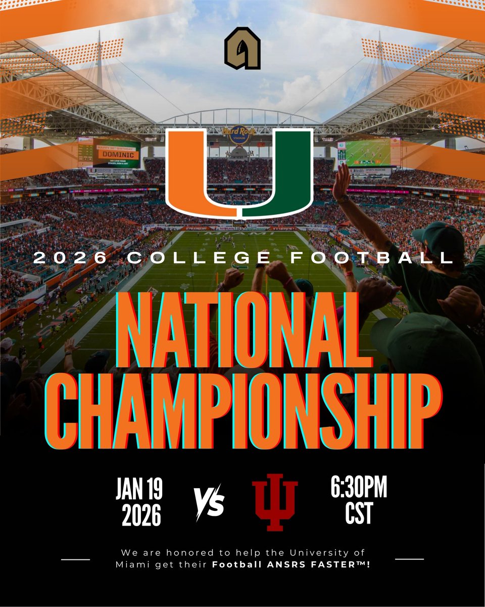ANSRSFB's tweet image. It's All About The U 🙌 Best of luck to the Miami Hurricanes tonight as they compete in the National Championship! 

We are proud supporters of the Canes and honored to help them get their Football ANSRS FASTER™!!🏈 #GoCanes @CanesFootball #NationalChampionship #ANSRS