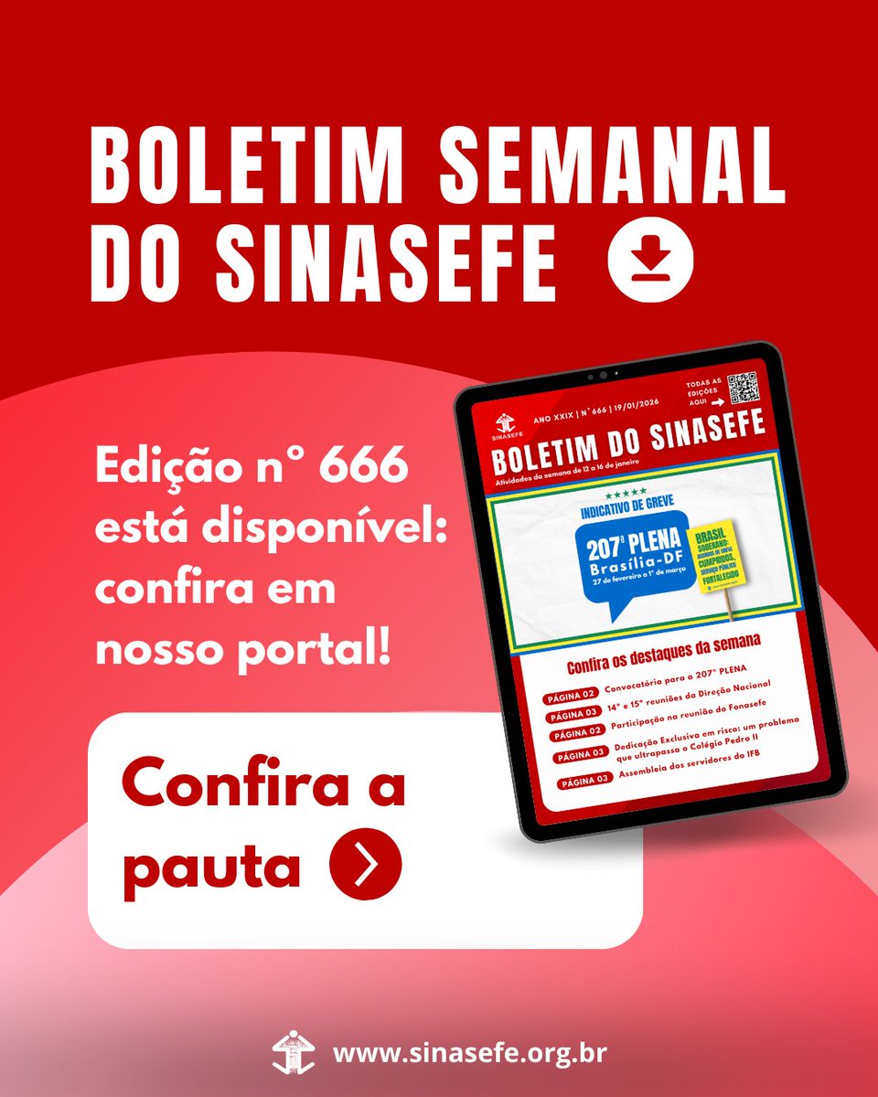 SINASEFE's tweet image. Boletim | SINASEFE lançou nesta segunda-feira (19/01) o Boletim Semanal nº 666.

Confira na íntegra em nosso portal: sinasefe.org.br/site/boletim-s….