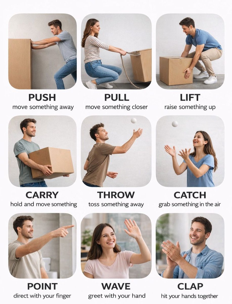 RealEvilEnglish's tweet image. Basic Movement Verbs

Push
Pull
Lift
Carry
Throw
Catch
Point
Wave
Clap
