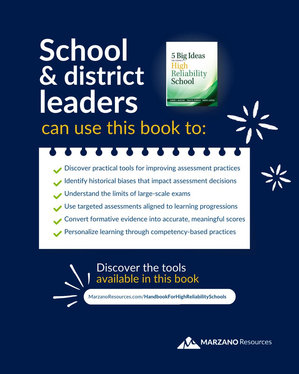 MarzanoResource's tweet image. 📘 5 Big Ideas for Leading a High Reliability School
Strong schools don’t happen by chance—they’re built through intentional leadership and aligned systems.
A must-read for leaders!

#SchoolLeadership #HighReliabilitySchools #EducationBooks #HRS #EdLeaders