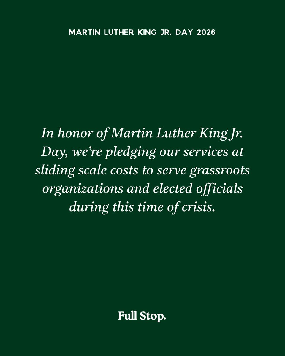 FullStop_Comms's tweet photo. Grassroots orgs, candidates, and elected officials: Our Digital Power Bundle, Digital Power Room membership, and 2026 Editorial Calendar are now available at sliding-scale pricing on https://t.co/NSE5K2DCH8.

Let's continue to fight forward and build Digital Power. 

#MLK2026 https://t.co/mVAxiVuZeZ