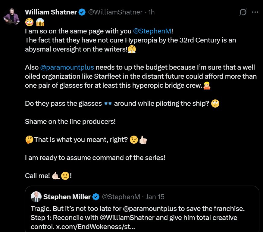 jondelarroz's tweet image. William Shatner is even throwing shade at Starfleet Academy and backing up White House advisor Stephen Miller.