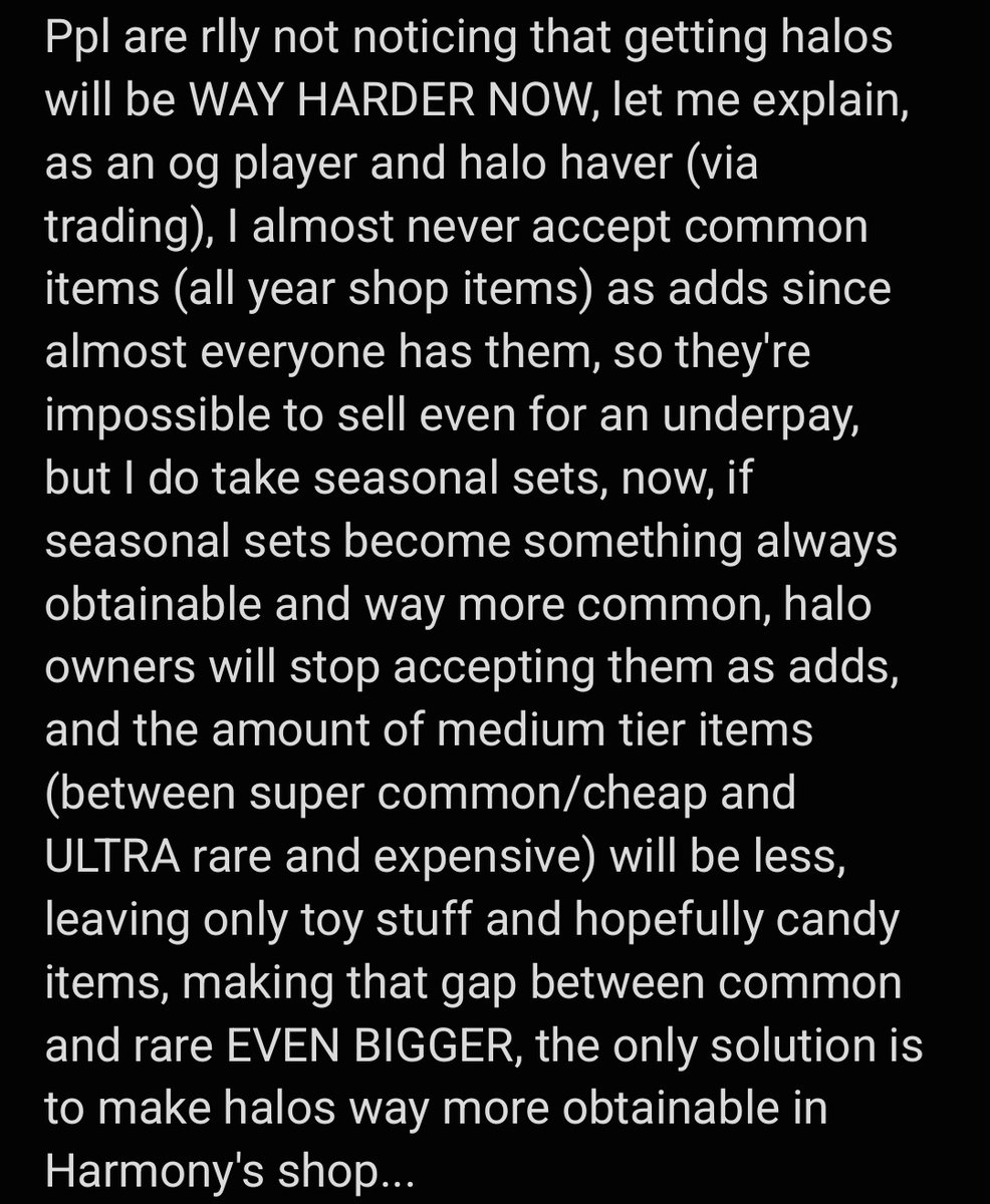 JustMe_KV's tweet photo. THIS WON'T FIX THE VALUES, making quite common items even more common than they are will just make the gap between normal items and halos bigger, I hope they RLLY thought abt this bc otherwise this will be a mess... and please read this before calling me greedy
#royalehigh https://t.co/yzFbimopLK