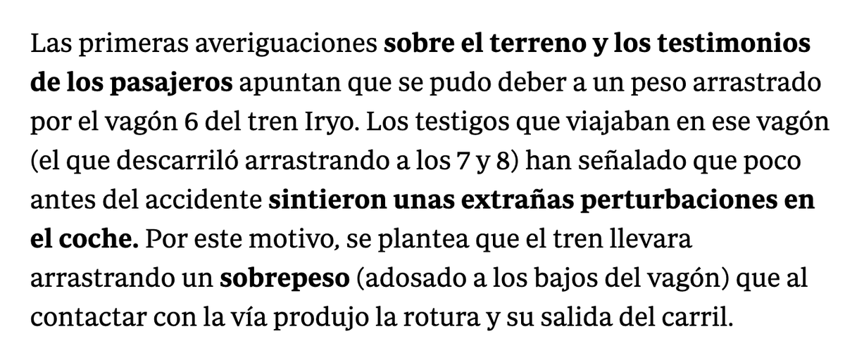 RafaMateos's tweet photo. En el titular: "El raíl número 23117 saltó e hizo descarrilar al tren".
En el texto: "se plantea que el tren llevara arrastrando un sobrepeso (adosado a los bajos del vagón) que al contactar con la vía produjo la rotura y su salida del carril."
Sois puta escoria, ABC. https://t.co/vEC6j8fh3Y