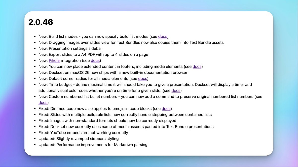 💥✨ Massive Deckset update! ✨💥
Deckset 2.0.46 is out — and no, this is not a maintenance release 🧹🚫
It’s a “how did all of this ship at once?” kind of update 🚀

Full release notes 👇
deckset.com/release-notes/…