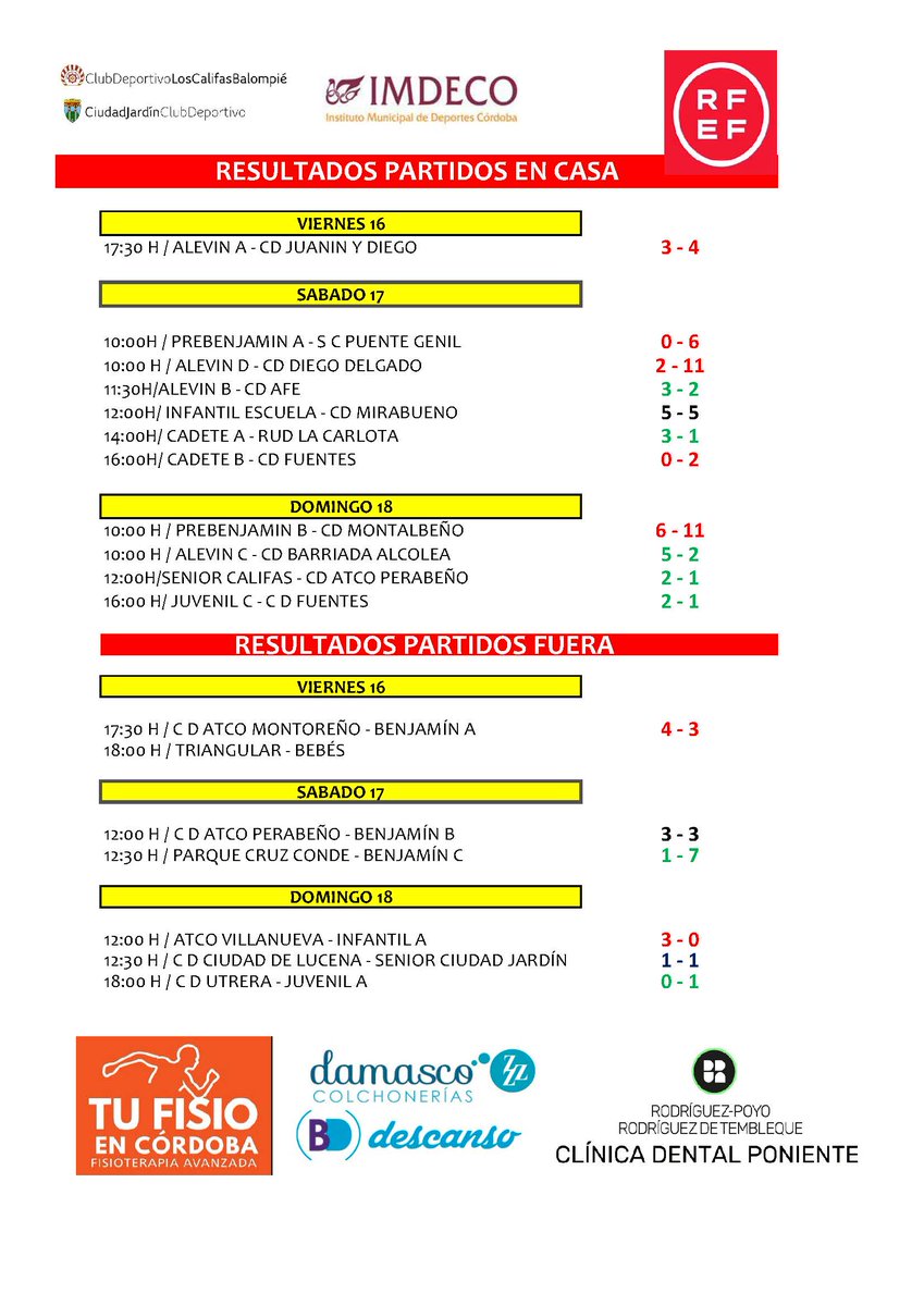 Hoy hay poco que celebrar por el trágico accidente ferroviario pero no podemos faltar a la cita de mostraros los resultados de nuestros equipos.
Información ofrecida por Colchonerías Damasco &amp; BD descanso, Tu Fisio en Córdoba y Clínica Dental Poniente