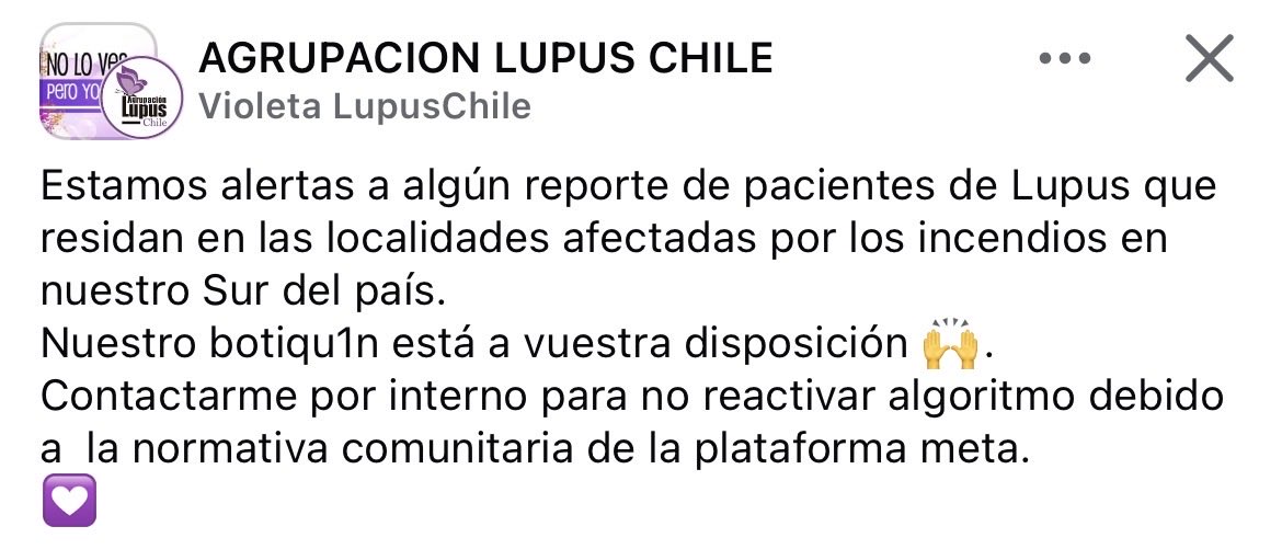 danifbecg's tweet photo. 🚨 Difusión urgente 🚨
Personas con lupus del sur de Chile afectadas por los incendios, necesitan acceso a medicamentos esenciales
Compartir salva tratamientos.
#IncendiosForestales #Lirquén #Penco #Concepción #RegionDelBioBio #Incendioforestalchile #Lupus #Chile https://t.co/PAjuvH6PvE