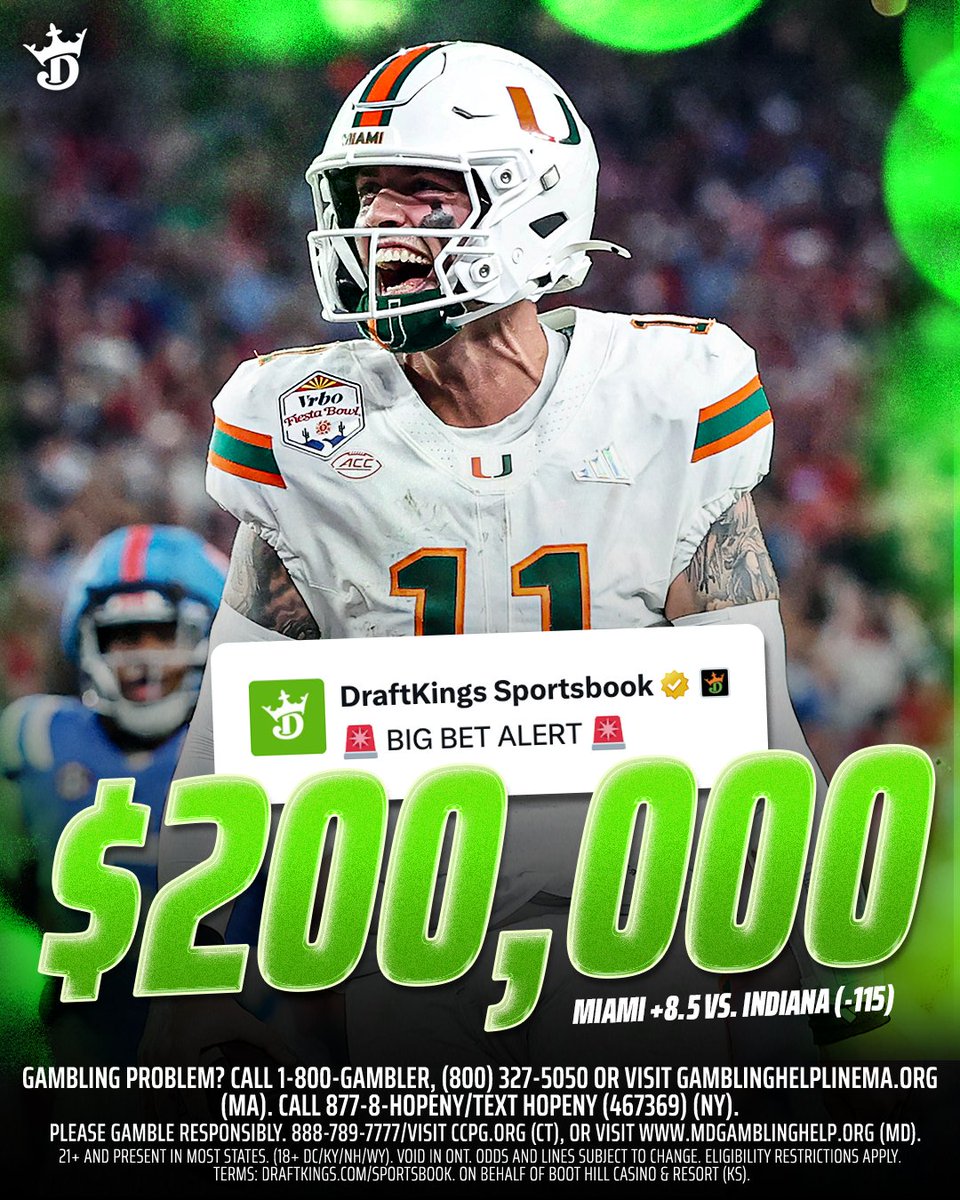 DKSportsbook's tweet image. 🚨 BIG BET ALERT 🚨

A bettor placed $200K on Miami +8.5 (-115) in the CFP National Championship 👀

Possible Payout: $373.9K 💰