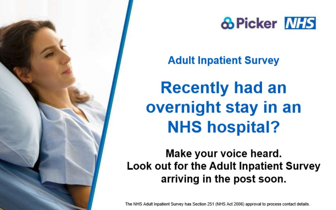 FrimleyHealth's tweet photo. Last year, more than 60,000 people took part in the #AdultInpatientSurvey to make their voices heard. Now, it’s your turn.

If you’re selected to take part, you’ll receive the #AdultInpatientSurvey in the post soon. https://t.co/wGoEpglRGq