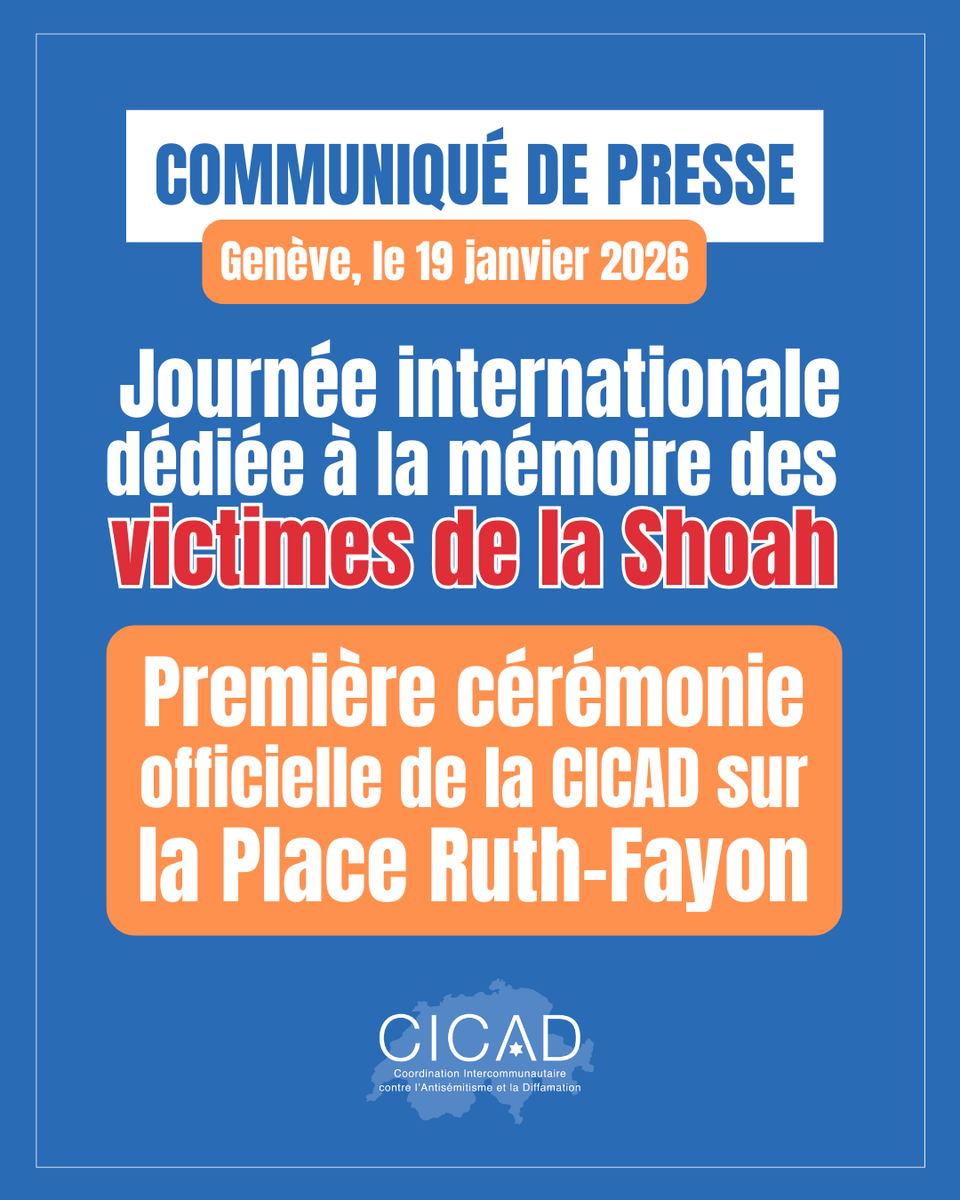 🎙️Le 27/01 à 18h30, la CICAD organisera sa première cérémonie officielle sur la Place Ruth Fayon à Genève, à l’occasion de la Journée internationale dédiée à la Mémoire de la Shoah.  Un acte public de vigilance, de transmission.  
🗞️ Lire le communiqué : cicad.ch/communiques/jo…