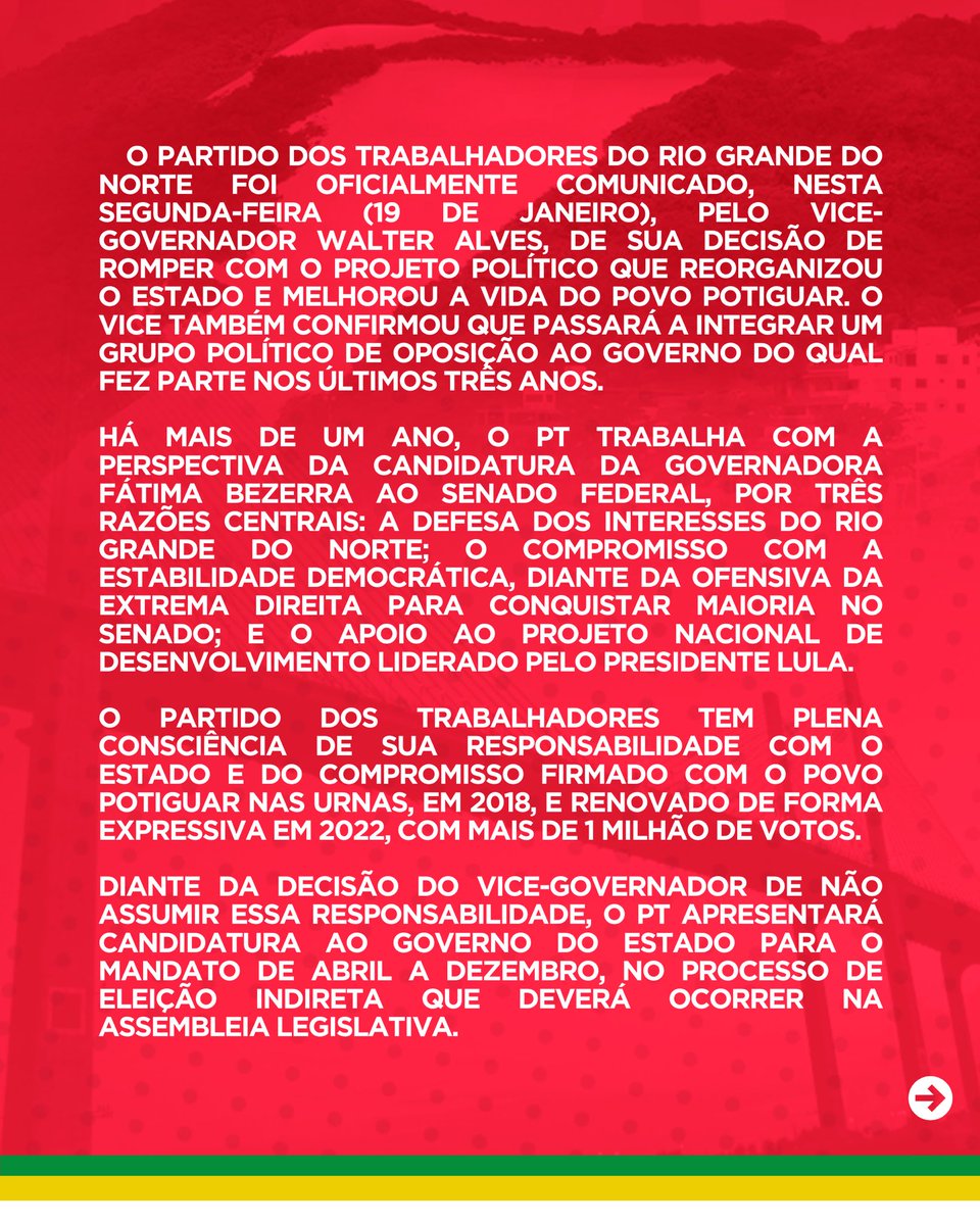 13PTRN's tweet photo. Confira a nota do Partido dos Trabalhadores e das Trabalhadoras a respeito da decisão do vice-governador Walter Alves, assinada pela presidenta estadual do Partido, Samanda Alves.

#ptrn https://t.co/riri1cqDUj