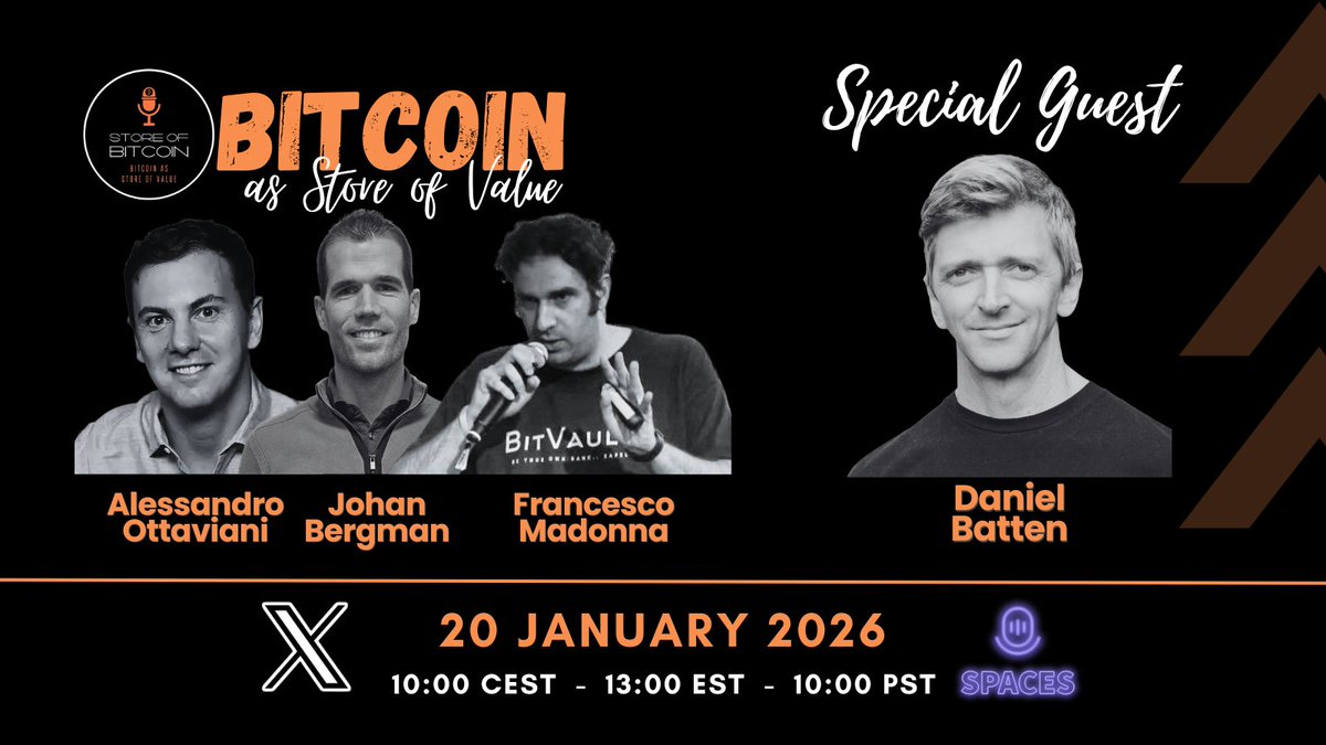 Don't miss it! <a href="/DSBatten/">Daniel Batten</a> special guest of 49th episode of Store of #Bitcoin, live with <a href="/AlexOttaBTC/">Alessandro Ottaviani</a>