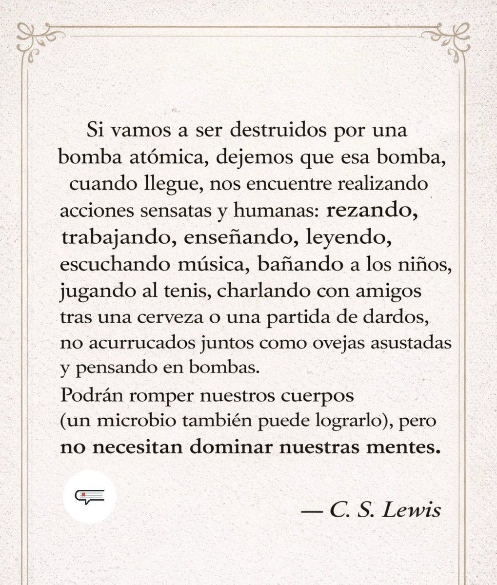 C.S.Lewis, eternamente relevante. 🤯
Qué forma tan sublime de hablar sobre esa valentía silenciosa: la de seguir viviendo humanamente incluso bajo la sombra del miedo.
Posdata, este fragmento es de su ensayo “On living in an atomic age” (1984).
#cementeriodelibros