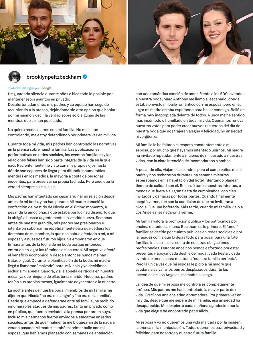 "Beckham":
Por la publicación de Brooklyn Beckham contra sus padres Victoria y David Beckham