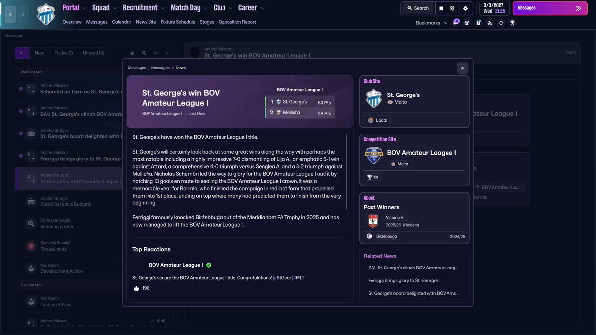 Champions with 5 games in hand 🏆
Back to Back Promotions ⬆️

#FM26 #StGeorges #Malta #AmateurLeague #ChallengeLeague 🇲🇹
