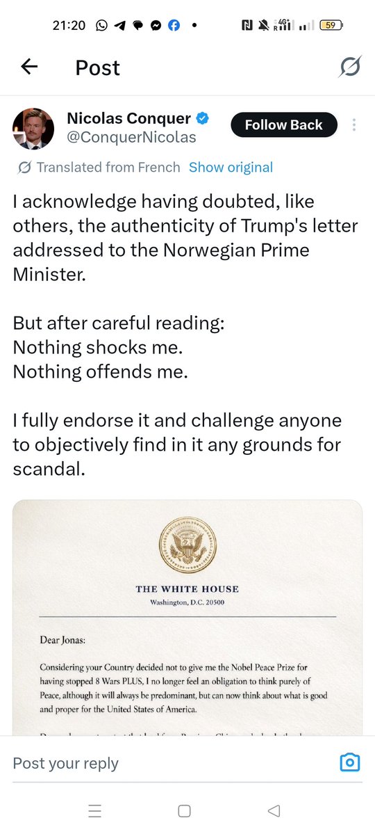 Valen10Francois's tweet image. This is frankly hilarious 

Ex MAGA "spokesman" for France first says Trump's Norway letter is obviously FAKE NEWS for dumb journalists

And minutes later, when its authenticity is confirmed, finds the letter remarkable 

Cultural revolution levels of sycophancy