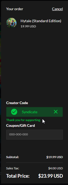 Sammply's tweet photo. Not sure if you have a creator code but it seemed to accept it @Syndicate :) https://t.co/QK4ZYt2yRb