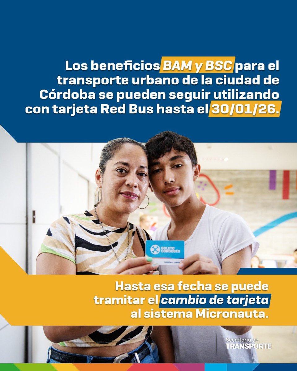 Recordá que los beneficios BAM y BSC para el transporte urbano de la ciudad de Córdoba, podrán seguir utilizándose con tarjeta Red Bus hasta el 30 de enero de 2026.

Hasta esa fecha, las y los usuarios podrán realizar el trámite de cambio de tarjeta al sistema Micronauta. 💳