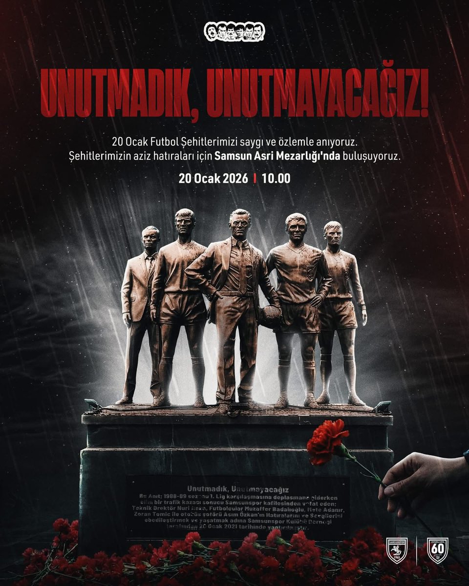 Unutmadık, unutmayacağız.

Türk futbolunun ve Samsun’umuzun hafızasında derin bir yara olarak yer eden 20 Ocak 1989 faciasında hayatını kaybeden futbol şehitlerimizi rahmet, saygı ve özlemle anıyoruz.
Ruhları şad, mekânları cennet olsun.

Bahadır ŞAHİN 
BBP Samsun İl Başkanı