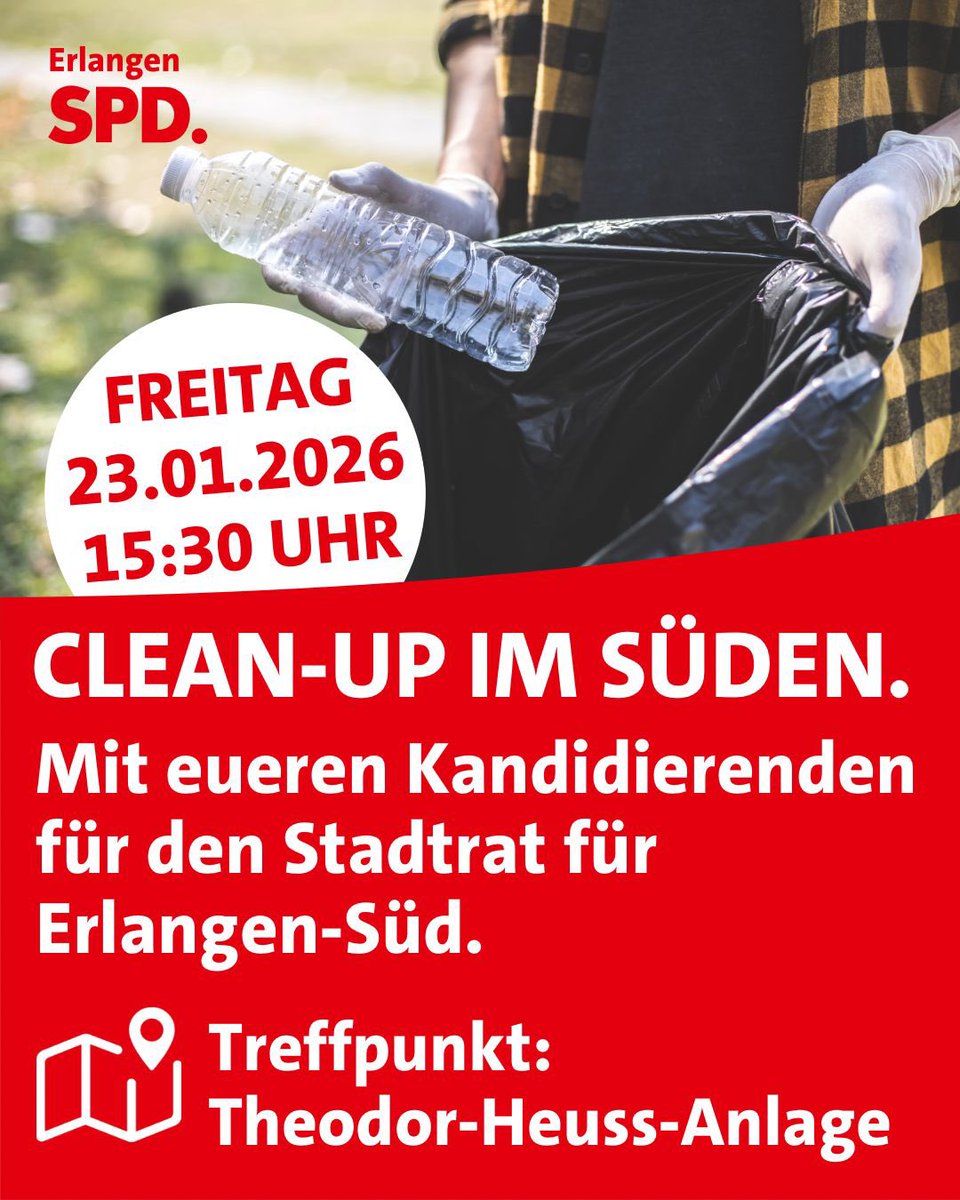 🧤 Wir packen an – für ein sauberes Erlangen!

Clean-up im Süden #sebaldussiedlung

Diesen Freitag, 23.1., 15.30 Uhr, Theodor-Heuss-Anlage

#erlangen #sauberestadt #cleanuperlangen #deinerlangen <a href="/FlorianJanik/">Florian Janik</a> <a href="/SPDbewegt/">SPDbewegt</a>