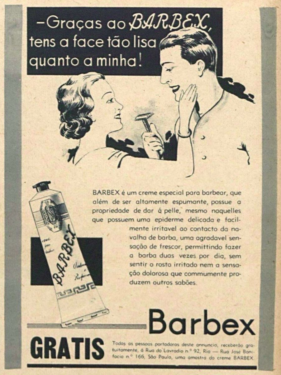 O anúncio do Barbex aposta no diálogo bem-humorado para vender suavidade, trazendo um casal em clima de intimidade e confiança, onde a mulher segura a lâmina e elogia a pele lisa do homem como sinal de cuidado e modernidade. Ano 1937 propagandashistoricas.com.br/2026/01/barbex…