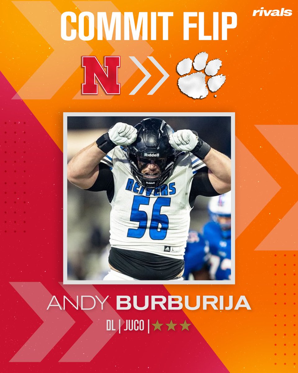 Rivals's tweet image. 🚨BREAKING🚨 JUCO DL Andy Burburija has flipped his commitment from Nebraska to Clemson, @PeteNakos reports🐅

Burburija is a former Washington State and Kansas State commit. 

Read: on3.com/rivals/news/cl…
