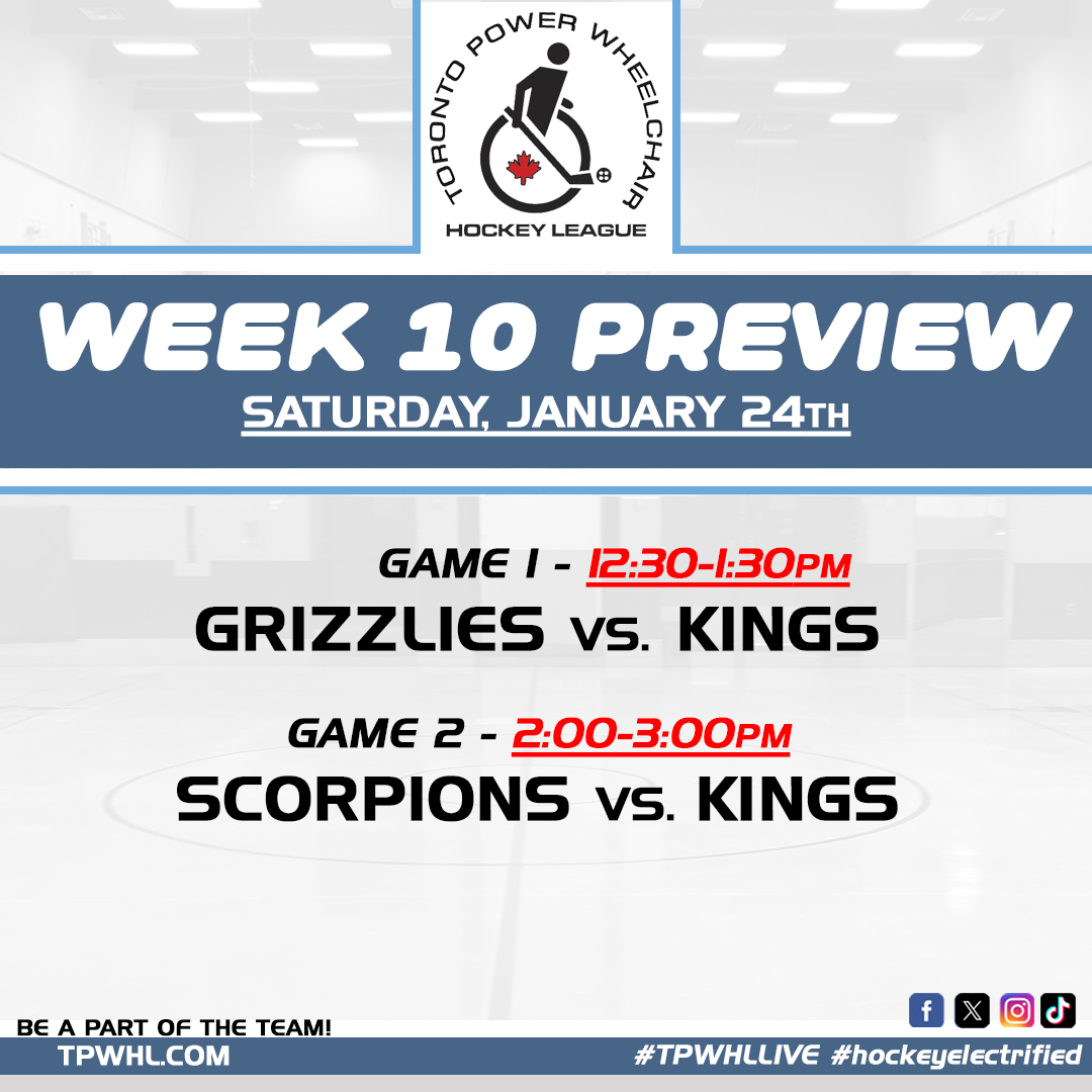 This week’s action on Jan. 24th at Sunny View P.S. KINGS are playing 2 GAMES - please plan to arrive at 12pm and leave at 3pm. Reminder – If you require any type of Assistance (i.e. transferring, toileting, etc.) MUST bring an Attendant with you! #TPWHLLIVE #hockeyelectrified